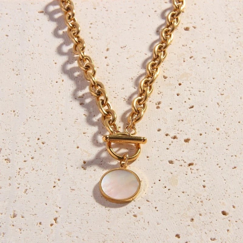18k Yellow Gold Plated Toggle Necklace With Mother Of Pearl Pendant